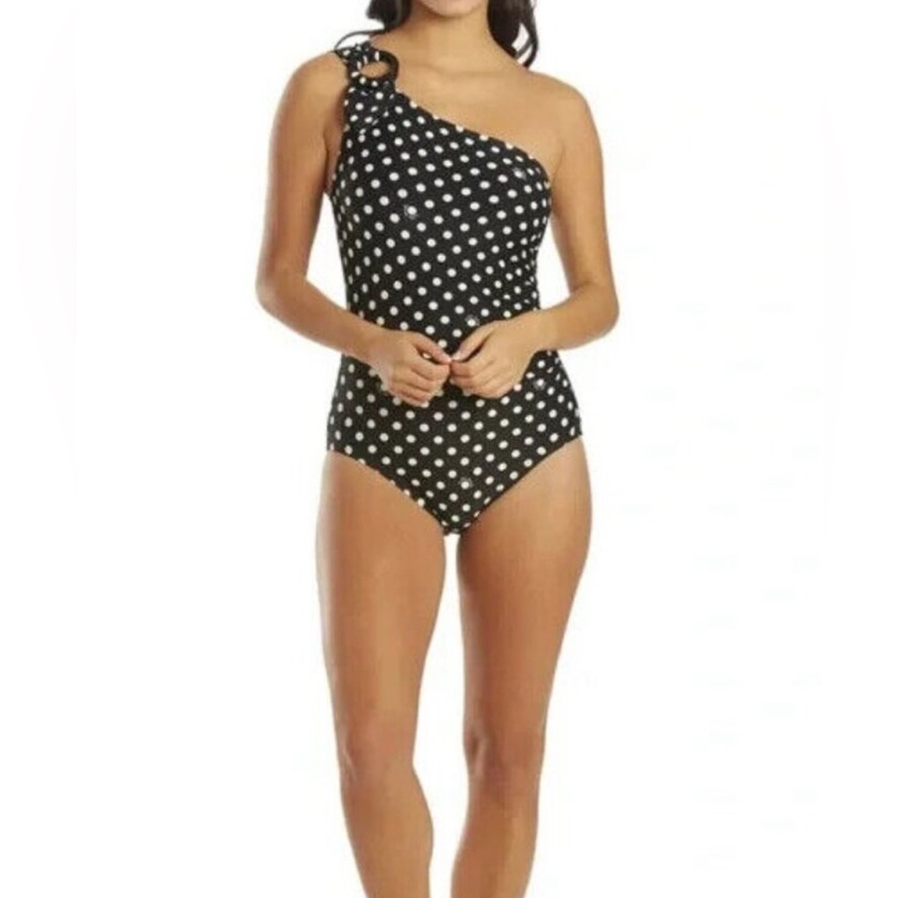 Kate Spade Black and White Polka Dot One-Shoulder Swimsuit